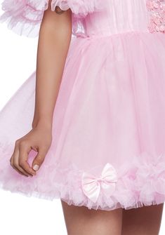 This mini dress has a tulle construction, an off the shoulder design with fabric lace and bow detailing, a ruffled trim, and a back zipper closure. Tulle Dresses With Bow, Pink Coquette Dress With Ruffles, Pink Mini Dress With Lace Trim For Wedding, Pink Lace Tutu Dress With Lace Trim, Party Petticoat With Lace Ruffles, Summer Pink Lace Tutu Dress, Pink Ruffled Petticoat, Pink Lace Tutu Dress For Summer, Pink Tulle Tutu Dress With Lace Trim