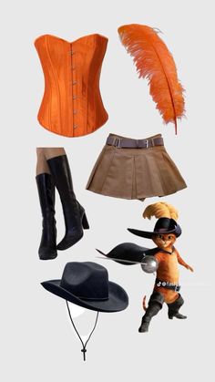 an assortment of women's clothing and accessories including boots, hat, belted shirt, skirt, feather