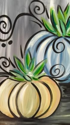 an acrylic painting of two pumpkins with swirly designs on the sides