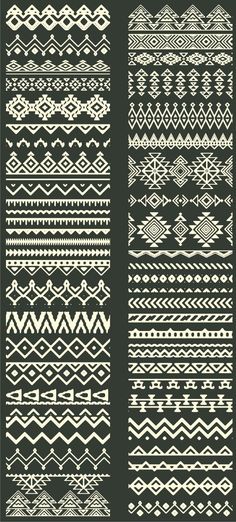 three different patterns in white and black on a dark green background, each with an intricate design