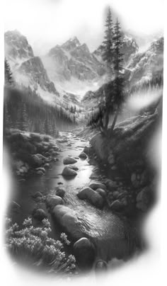 a black and white photo of a mountain stream