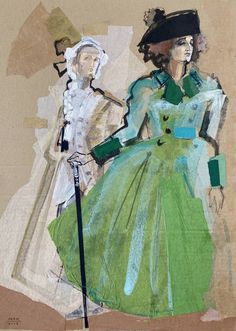 a painting of two women dressed in green and white clothing, one holding a cane