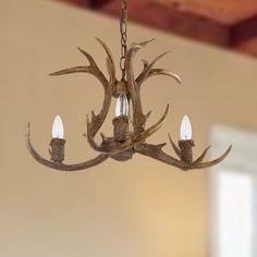 a chandelier with antlers hanging from the ceiling