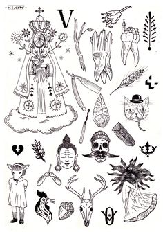 an old school tattoo design with many different symbols and designs on it, including the woman's head