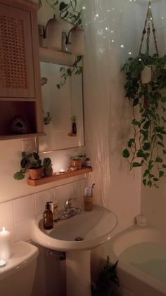 a white sink sitting next to a bath tub under a window covered in plants and candles