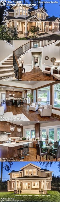 the front and back pages of a house with stairs, living room, dining area and kitchen