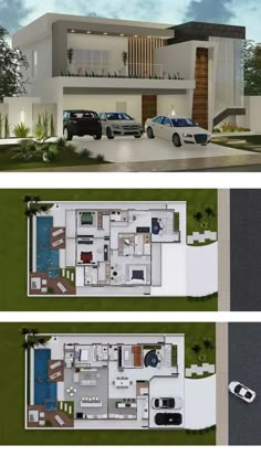 three different views of a modern house with cars parked in the driveway and on the ground