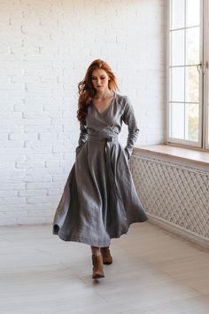 "Gray Linen Dress with Pockets, Linen Midi Dress, Linen Dress ♠ The must-have wrap top dress made from 100% high quality linen. This comfortable long sleeved dress has a V-neckline, side pockets and a wide tie belt that emphasizes the waist. Featured in the Gray shade here, this elegant and timeless linen piece is available in a variety of colors. ♠ If you would like a removable Slip dress in addition to your Linen dress, please check the Slips section: http://etsy.me/36T5ZQu ♠ Sizes The model on the picture is 165 cm/5'5\" tall and is wearing size S Have a look at my Size Chart to make sure your piece will fit you best: http://etsy.me/1SLONk3  When you open the link, please scroll down and if you have any doubts, just let me know! ** Custom Orders For any changes or adjustments you may ne Linen Clothing For Women, Linen Clothes For Women Classy, Linen Dress Outfit, Academia Chic, Wrap Top Dress, Boho Dress Fall, Mens Photoshoot, Linen Wrap Dress, Casual Office Wear