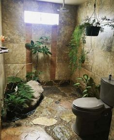 a bathroom with a toilet, plant and window in it's center area is shown