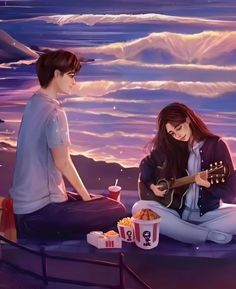 two people are sitting on the ground with food and drinks in front of them as they play guitar