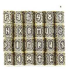 PRICES MAY VARY. MATERIAL---Made of high quality Zinc alloy material,hard to rust, Antique making.Long lasting material!Size:0.51"X0.39"X0.24". Various Designs---Viking rune pattern,vintage style, the antique gloden metal finish gives these beads a great look, adding a perfect complement to any gentleman style and will definitely be complimented,perfectly decorative effect. DIFFERENT STYLE---24 pcs different vikings runes per Kit are developed a unique system of keeping beads in place in your ha Viking Beards, Vikings Runes, Bracelets Paracord, Beard Accessories, Paracord Necklace, Beard Beads, Elder Futhark Runes, Viking Hair, Futhark Runes