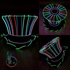 Striped Neon Top Hat! ~  Multiple Designs Available!! Too Many To List  100% HANDMADE *WARNING: YOU WILL TURN HEADS! (Check out instagram.com/zmmconcepts for footage!) *Pictures are of past makes and custom orders, the hat you receive will not be exact. Each are unique and made to order just for YOU! YOU WONT FIND THIS ANYWHERE ELSE! 100% Handmade in NY! The next evolution in wearable neon. -------------------------------------------------------- SIZING CHART: ----------------------------------- Rainbow Costumes, Neon Top, El Wire, Wire Lights, Neon Design, Steampunk Costume, Handmade Hat, Rave Outfits, Hat Shop