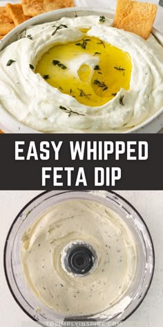 an easy whiped feta dip recipe in a blender with text overlay