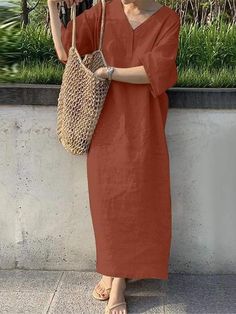 Women's Casual Dress Maxi Dress Basic Basic Daily V Neck Half Sleeve Summer Spring Navy Blue Orange Plain 2024 - $31.99 Linen Maxi Dress Summer, Half Sleeve Women, Sundress Casual, Spring Dresses Women, Breezy Dress, Family Party, Maxi Robes, Linen Maxi Dress, Linen Style