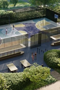 an artist's rendering of a basketball court with benches and people standing around it