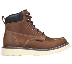 Classic leather work boot style comes to the job site in Skechers Work : Kadmiel - Bennot. This lace-up work boot features a leather upper with a synthetic padded collar, a cushioned Air-Cooled Memory Foam insole, and a durable Goodyear welt midsole. | Skechers Men's Work: Kadmiel - Bennot Boots | Medium Width | Skechers Air-Cooled Memory Foam cushioned comfort insole | Goodyear welt construction for added durability | Electrical Hazard (EH) safe design tested ASTM-F2892 | Leather and synthetic Boot Design, Leather Work Boots, Boot Style, Work Boot, Leather Work, Mens Shoes Boots, Goodyear Welt, Designer Boots, Classic Leather