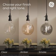 three light bulbs with the words choose your finish and light tone