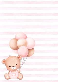 a watercolor painting of a teddy bear holding some pink and white balloons in front of a striped background