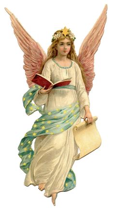 an angel holding a book and wearing a crown