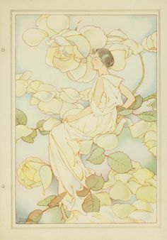 an illustration of a woman sitting on a branch with flowers in her hair and wearing a white dress