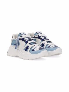 White/blue/navy calf leather/cotton DG-logo chunky-sole sneakers from DOLCE & GABBANA KIDS featuring colour-block design, round toe, front lace-up fastening, logo patch at the tongue and chunky rubber sole. White And Blue Shoes, Blue And White Shoes, Dolce And Gabbana Shoes, White And Blue Sneakers, Blue And White Sneakers, Light Blue Shoes, Dolce Gabbana Sneakers, Dr Shoes, Dg Logo