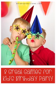 two young boys wearing party hats and glasses with the words 8 great games for kids'birthday party