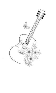 a drawing of a guitar with flowers and butterflies on the neck, in black and white