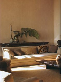 a living room filled with furniture and a potted plant on top of a table