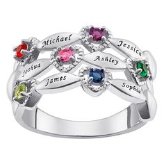 Family Name and Birthstone Heart Ring Hearts abound, dappled across this intricate ring. Adorn this piece with up to six loved ones' names and corresponding crystals for a colorful family keepsake that will fill Mom's heart with joy for years to come. Give this to Mom on Mother's Day or keep it for yourself as a reminder of your family's love.  Design Information      Wide band ring has webwork of prong-set, round colored crystals in heart designs     Space to personalize beside each crystal   G Planet Jewelry, Intricate Rings, Hammered Silver Jewelry, Family Rings, Mother Rings, Family Name, Birthstone Ring, Birthstone Jewelry, Heart Design