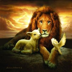 a lion and two lambs are sitting on the ground with clouds in the background