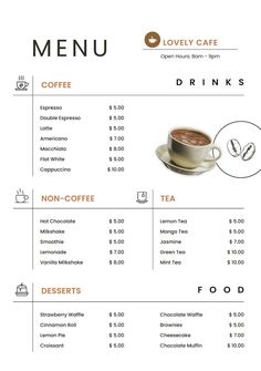 a menu with coffee and drinks on it