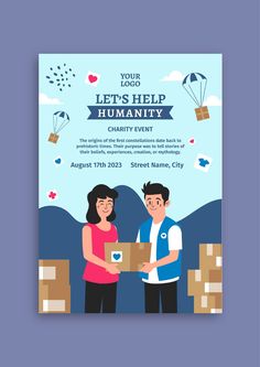 a flyer for a charity event with two people holding a box