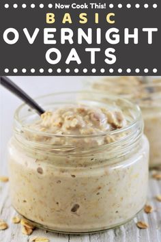 two jars filled with overnight oats sitting on top of a table