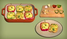 an assortment of stuffed peppers on a plate and in a casserole dish next to a cutting board