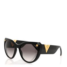 This is an authentic pair of LOUIS VUITTON My Fair Lady Sunglasses Z1254W in Black. These stunning sunglasses have a chic black frame with round rims and lenses in a dark tint of gray. The bold arms feature a gold Louis Vuitton V metal inserts at the temple and have monogram symbols at the ends. Gold Louis Vuitton, My Fair Lady, Fair Lady, The Temple, Black Frame, Sunglasses Women, Temple, Lenses, Louis Vuitton