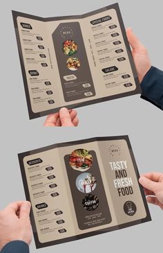 two hands holding up an open menu with food items on it and the words tasty and fresh food written below