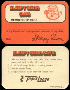 two tickets for sleep bear club, one with an image of a teddy bear on it