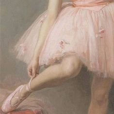 a painting of a young ballerina in pink with her feet on the ground,