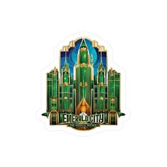 the emerald city sticker is shown in green and gold, with an image of buildings on