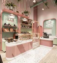 the interior of a cosmetics store with pink and green walls, potted plants and shelves