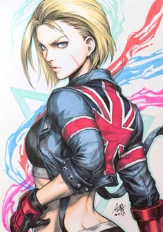 a drawing of a woman with blonde hair and blue eyes wearing a union jack outfit