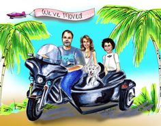 a family riding on a motorcycle with a dog in the sidecar and palm trees behind them