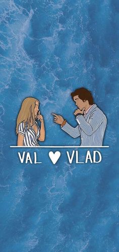 two people standing in front of a blue background with the words val vlad on it