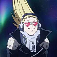 an anime character wearing headphones and heart - shaped glasses in front of the stars