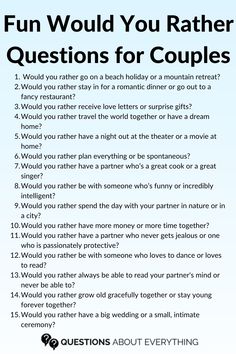 Get ready for an evening of laughter and bonding with our Would You Rather Questions for Couples. These questions are designed to ignite conversation and bring you closer together. Check out the full list in our article, and be sure to share your most amusing answers in the comments. Save this pin for a delightful twist on your next date night Fun Relationship Questions, Date Night Questions, Questions For Couples, Conversation Starters For Couples, Intimate Questions, Rather Questions, Romantic Questions, Romantic Date Night Ideas, Would You Rather Questions