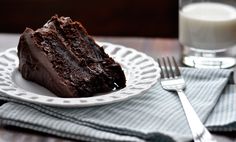 a piece of chocolate cake on a white plate with a fork and glass of milk