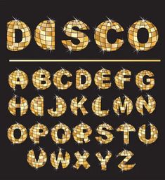 the alphabet and numbers made up of gold disco balls with sparkles on black background