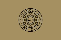 the logo for conquer the city, which is designed in black and white on a tan background