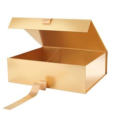 an open gold box with a ribbon on the top and bottom, sitting in front of a white background