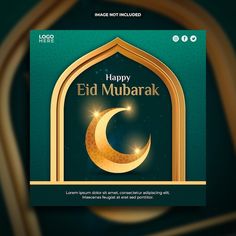 an eid mubarak greeting card with gold crescent and star